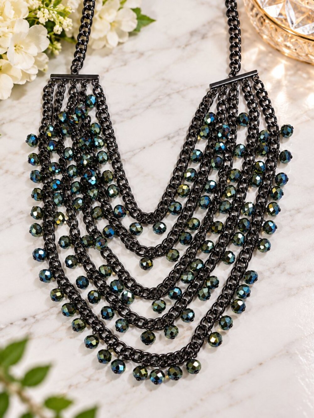 Gunmetal Multi Strand Statement Necklace Iridescent Crystal Beads Womens Jewelry